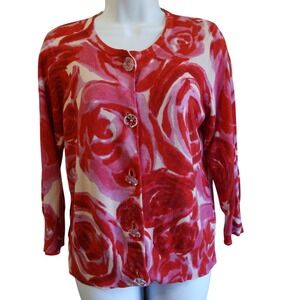 CHAUS Vtg 90s Rose Print Cardigan Sweater Silk Angora Gem Buttons Retro Womens S